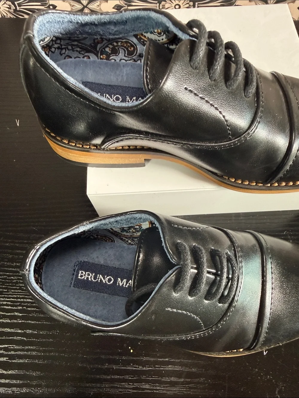 Bruno Marc Boy’s Black Leather Cap-Toe Derby with Tan Welt